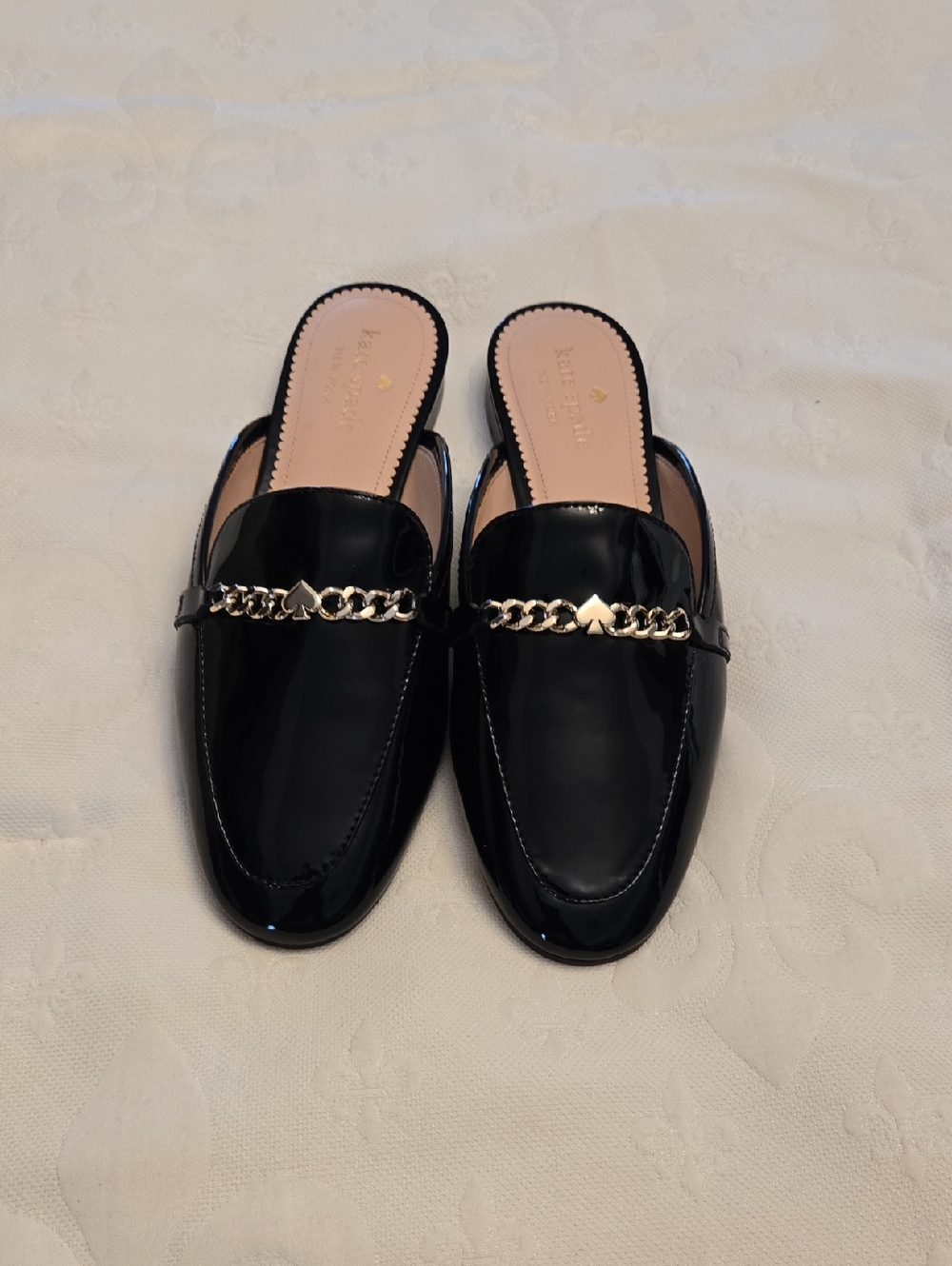 kate spade Black Patent Leather Backless Mules with Gold Chain